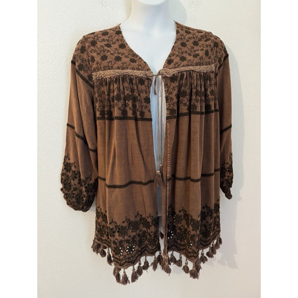 Indigo Thread Top Tie Jacket Womens 1X Plus Brown Embroidered Tassle Boho Eyelet